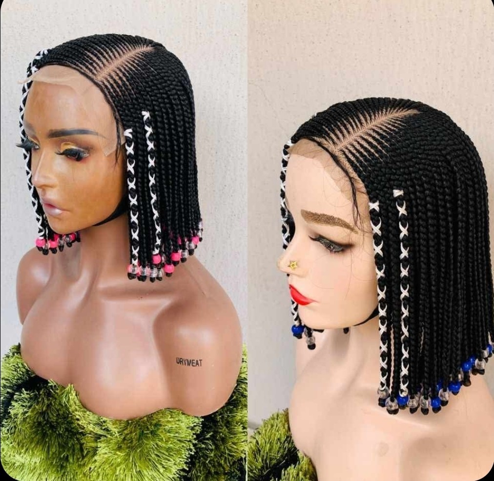 Braided Wig Beaded Short Bob Multi-Color Synthetic Free-Part for Women