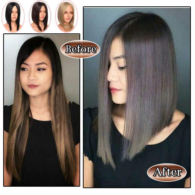 12″+ Women Short Bob Synthetic Lace Front Wig Baby Hair Silky Straight Black US