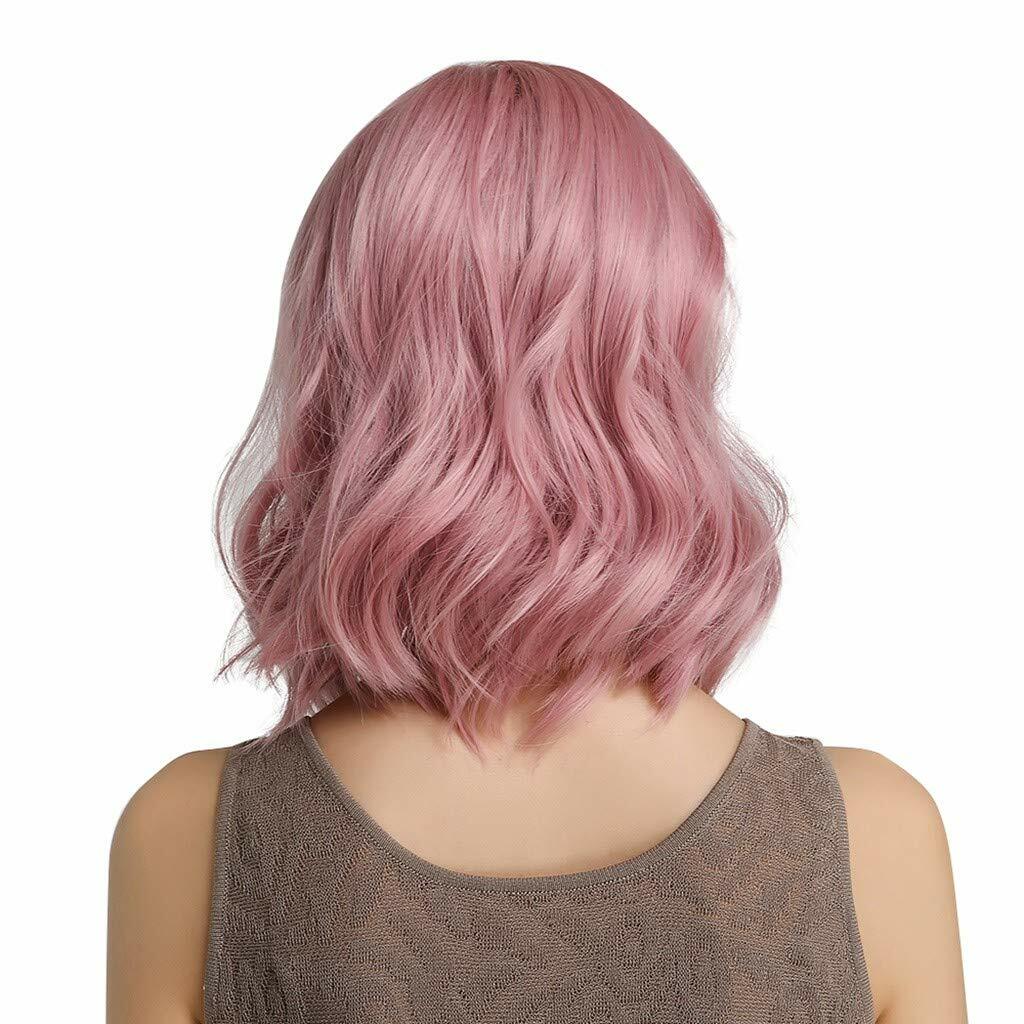 Women Girls Pink Bob Wig with Bangs Short Wavy Pink Bob Wig Synthetic Bob Wig US