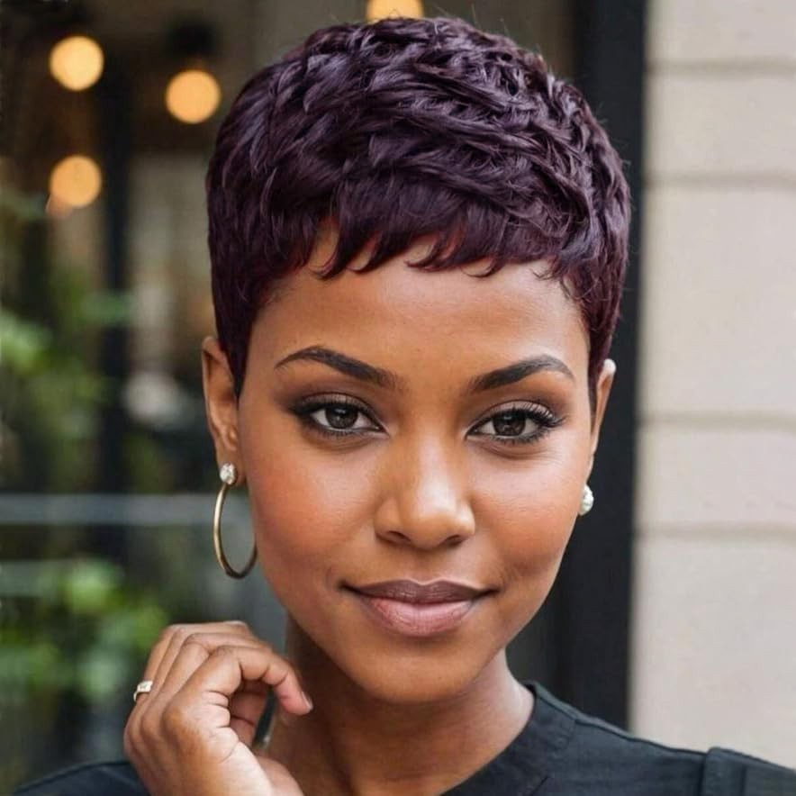 Natural Looking Short Pixie Wig with Face-Framing Bangs, Adjustable Straps