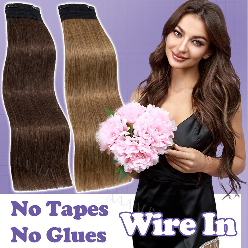 Invisible Wire In 100% Real Remy Human Hair Extensions Clip In Hairpiece 1PCS US