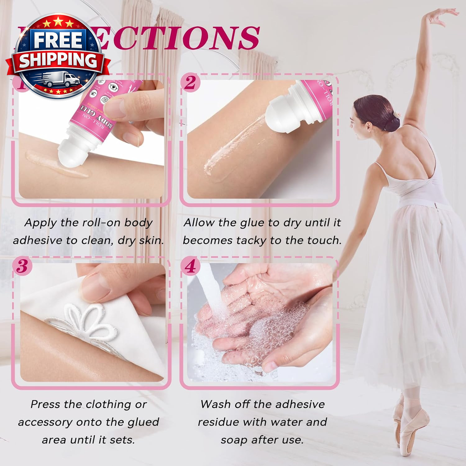 Body Glue for Clothes & Skin 2.54 Oz, Roll-On Body Adhesive, Sweat Resistant, Sk
