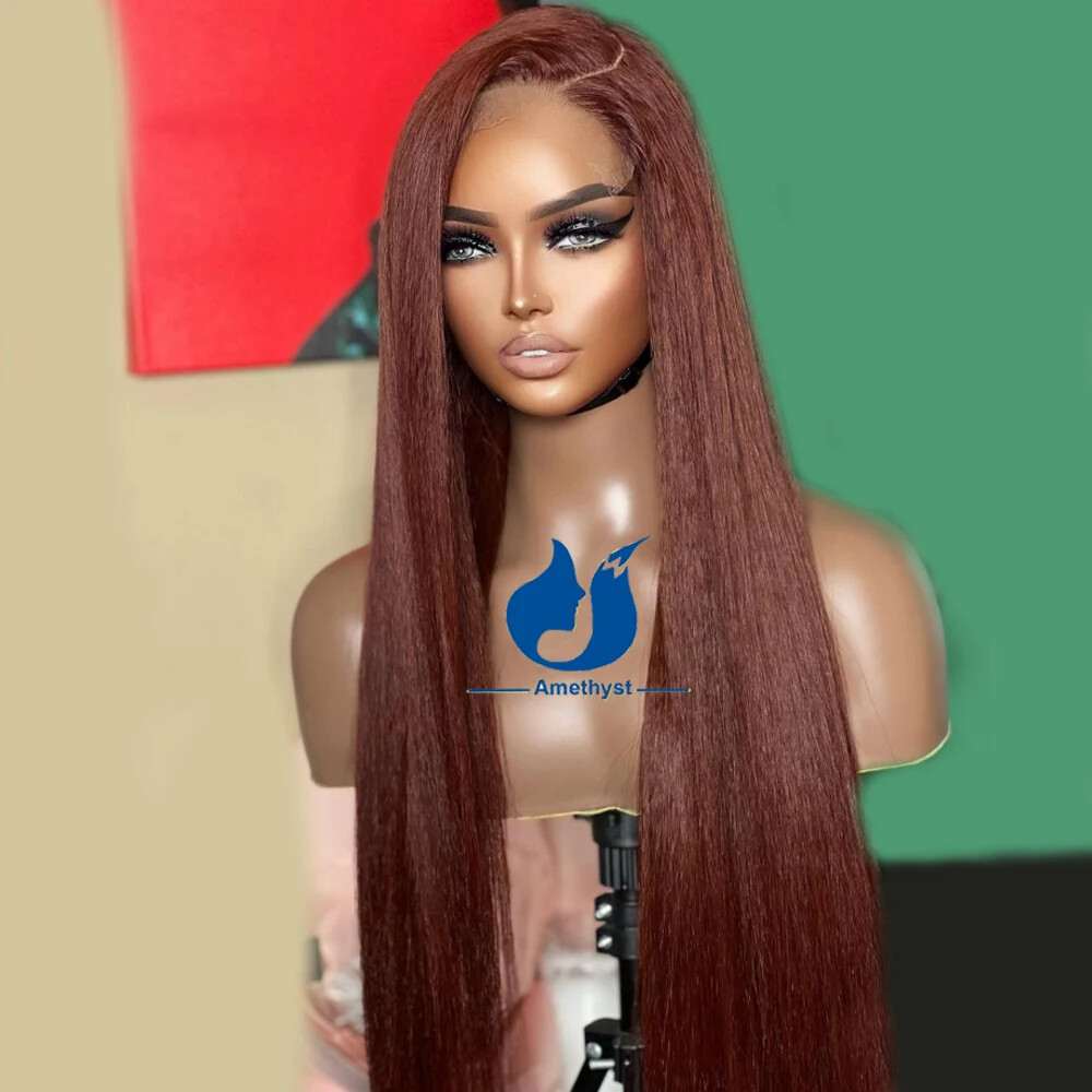 Reddish Brown Kinky Straight Lace Front Wig Human Hair Pre Plucked Baby Hair