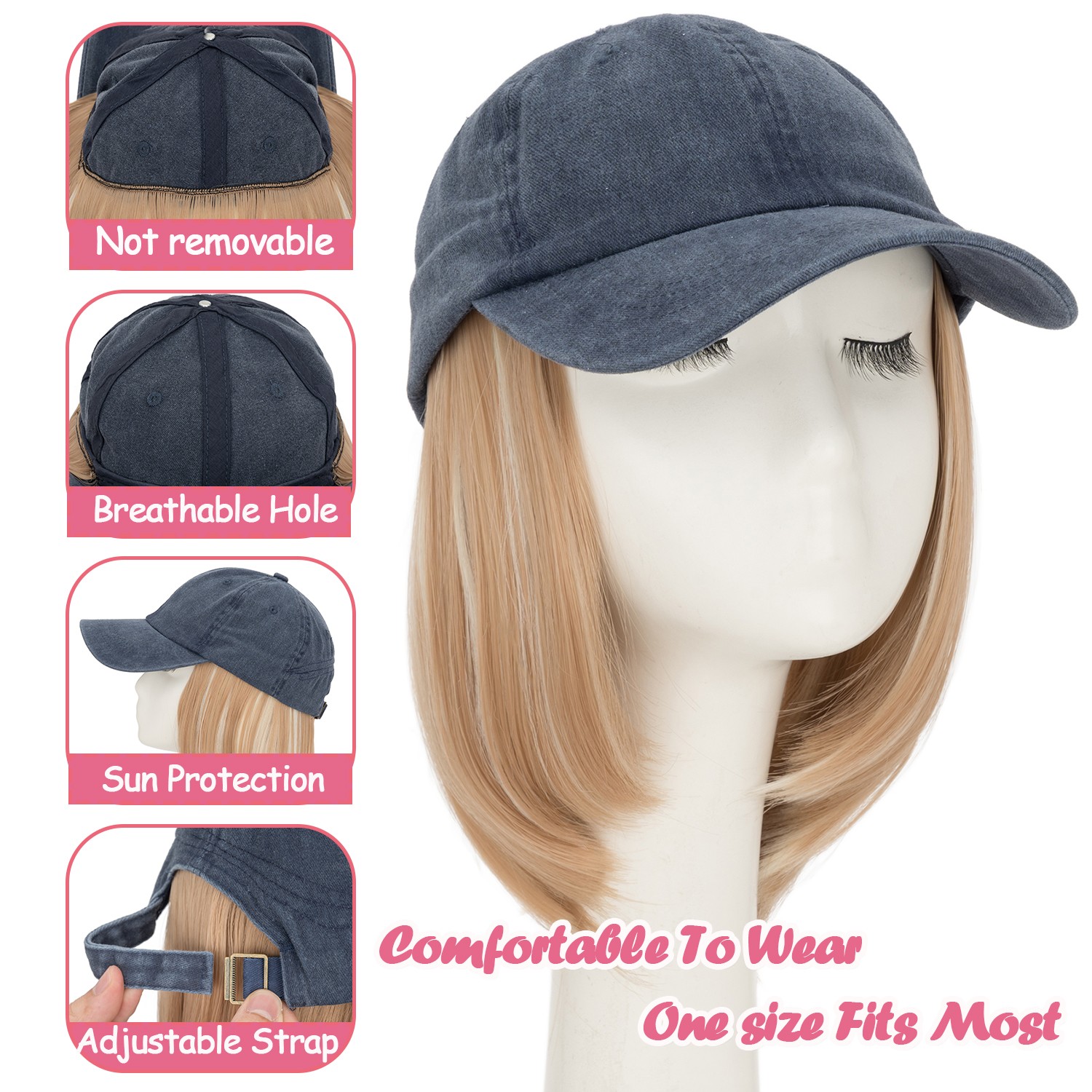 Baseball Cap Hat with Short Synthetic Hair,Baseball Hat Cap with Straight Hair M