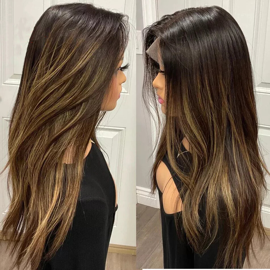 Ombre Caramel Brown Highlights 13×4 Lace Front Remy Human Hair Wigs Balayage