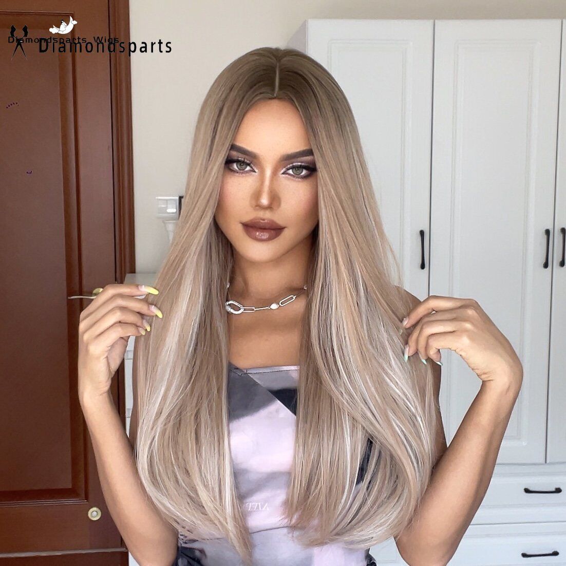 Honey Brown Mixed Blonde Long Straight Synthetic Full Wigs Daily Party Natural