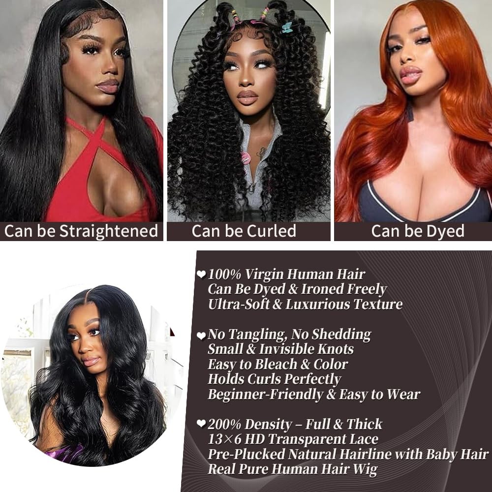 Juicqui 13X6 Lace Front Wigs Human Hair Pre Plucked 200 Density Body Wave Real