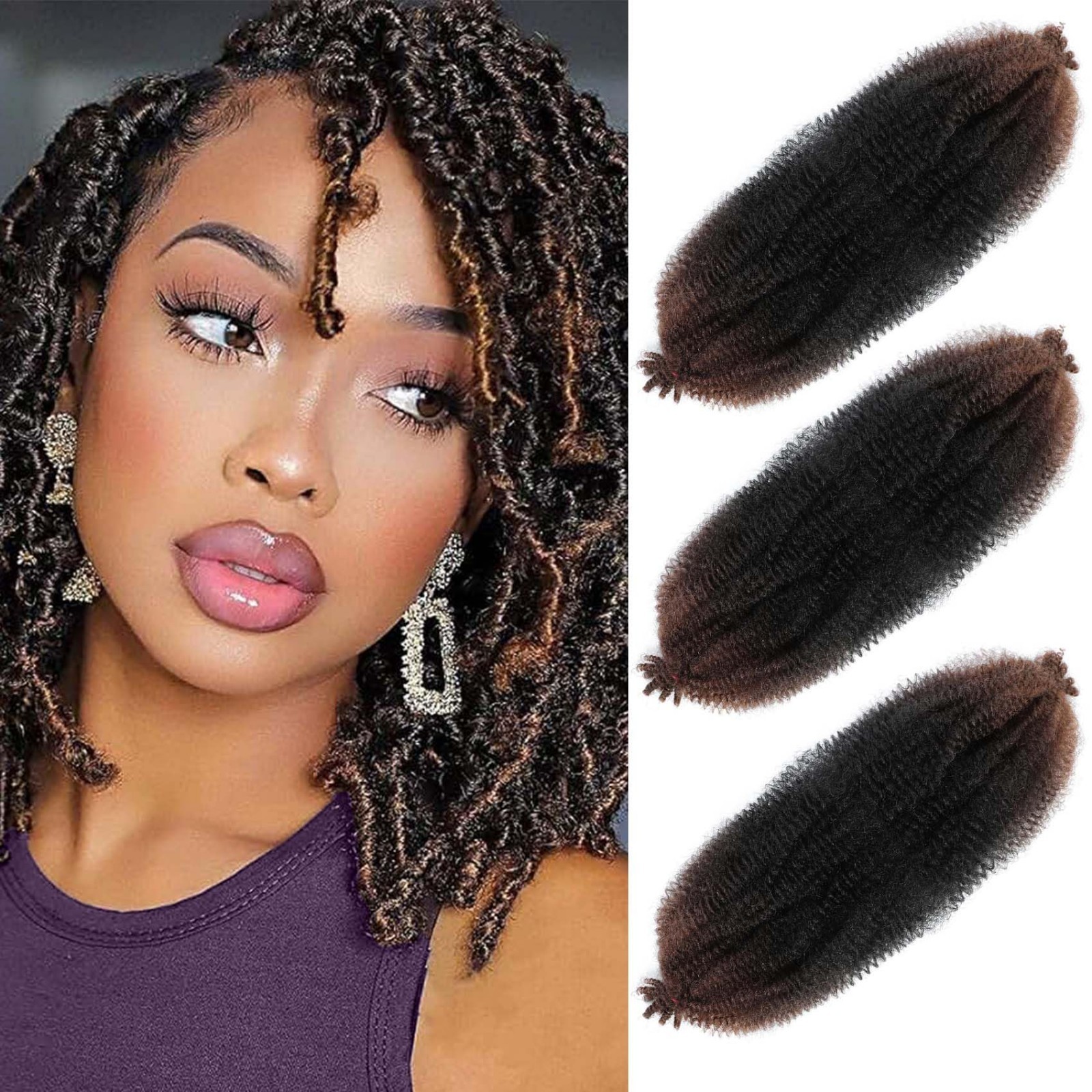 12″ Springy Afro Twist Hair Extensions – Pre Fluffed & Stretched, 3 Packs, Soft