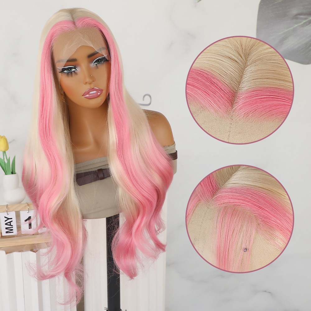 Pink Ombre Blonde Glueless Lace Front Wigs Body Wave Mixed Color Women Party Use