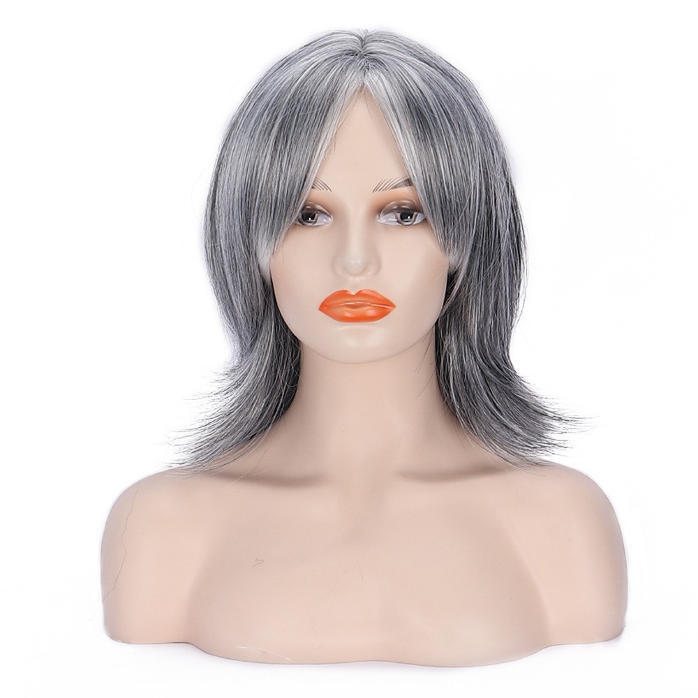 Highlight Black Grey Medium Length Wavy Wig Side Part Heat Resistant Full Wig