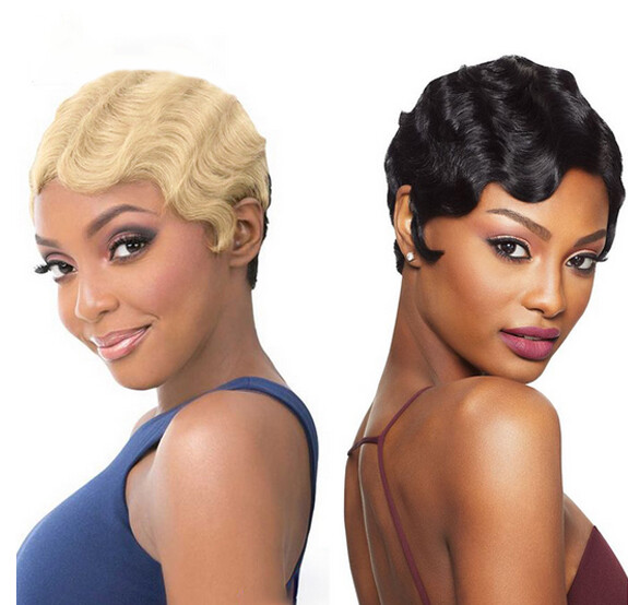 Short Pixie Cut Finger Wave Wigs Human Hair Wigs Colored For Women Machine made