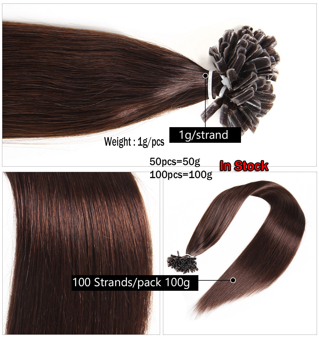 100 Strands U Nail Tip Pre Bonded Fusion Straight Remy Human Hair Extensions C13