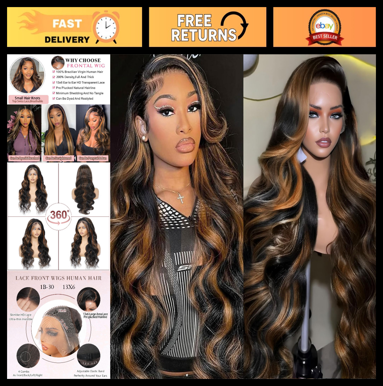 Ombre Lace Front Wig 28″ Body Wave Human Hair 200 Density Pre-Plucked HD Lace, B
