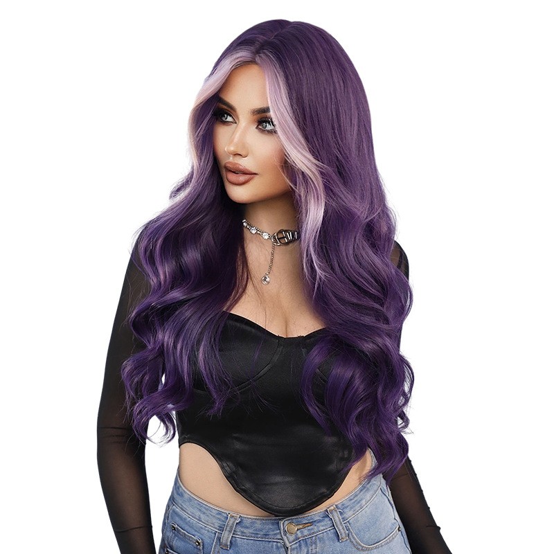 Long Wavy Purple Wig Middle Part Highlight Skunk Stripe Synthetic Hair Wig for