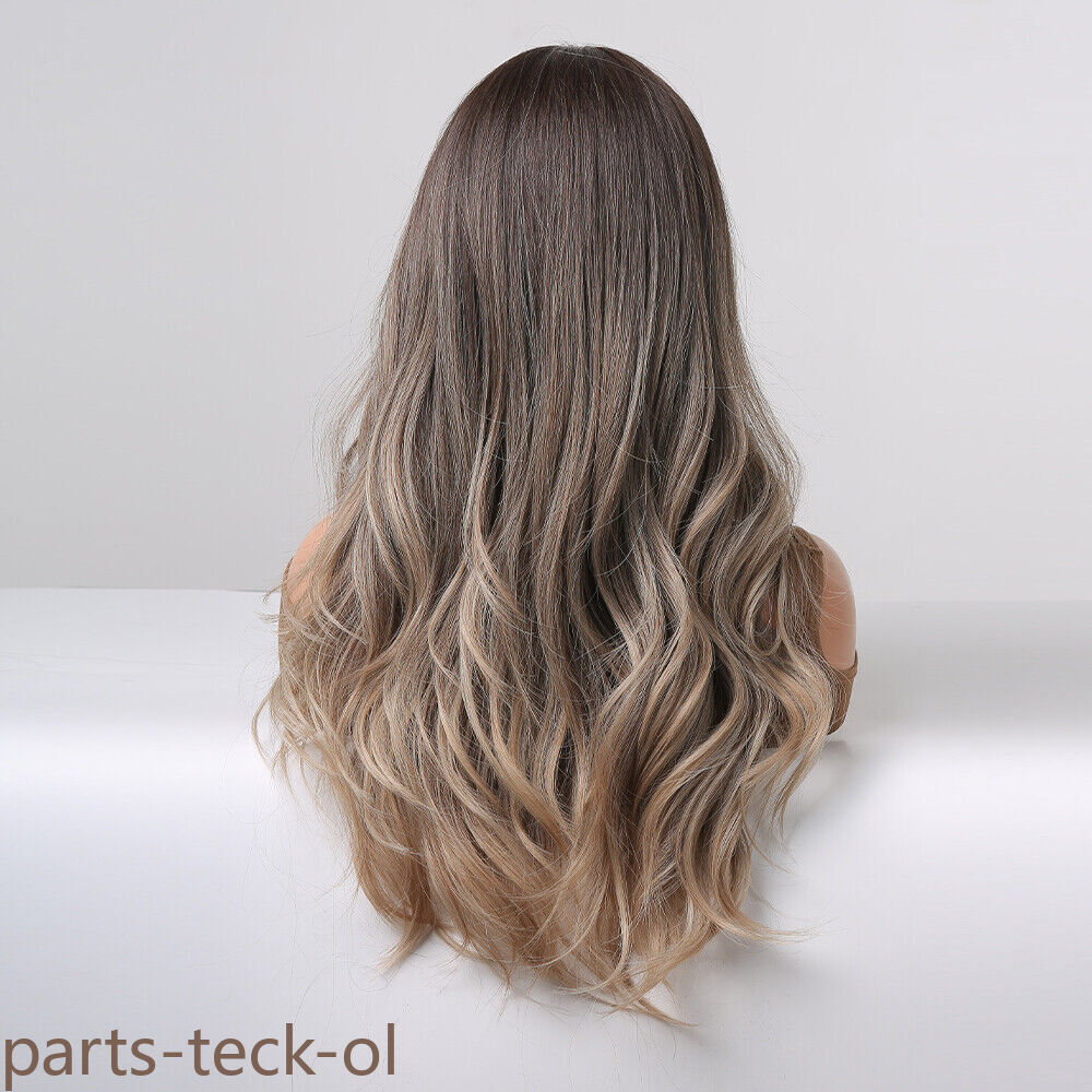 Fanshion Long Wavy Ombre Brown Light Blonde Synthetic Wigs for Women Hair Wig US