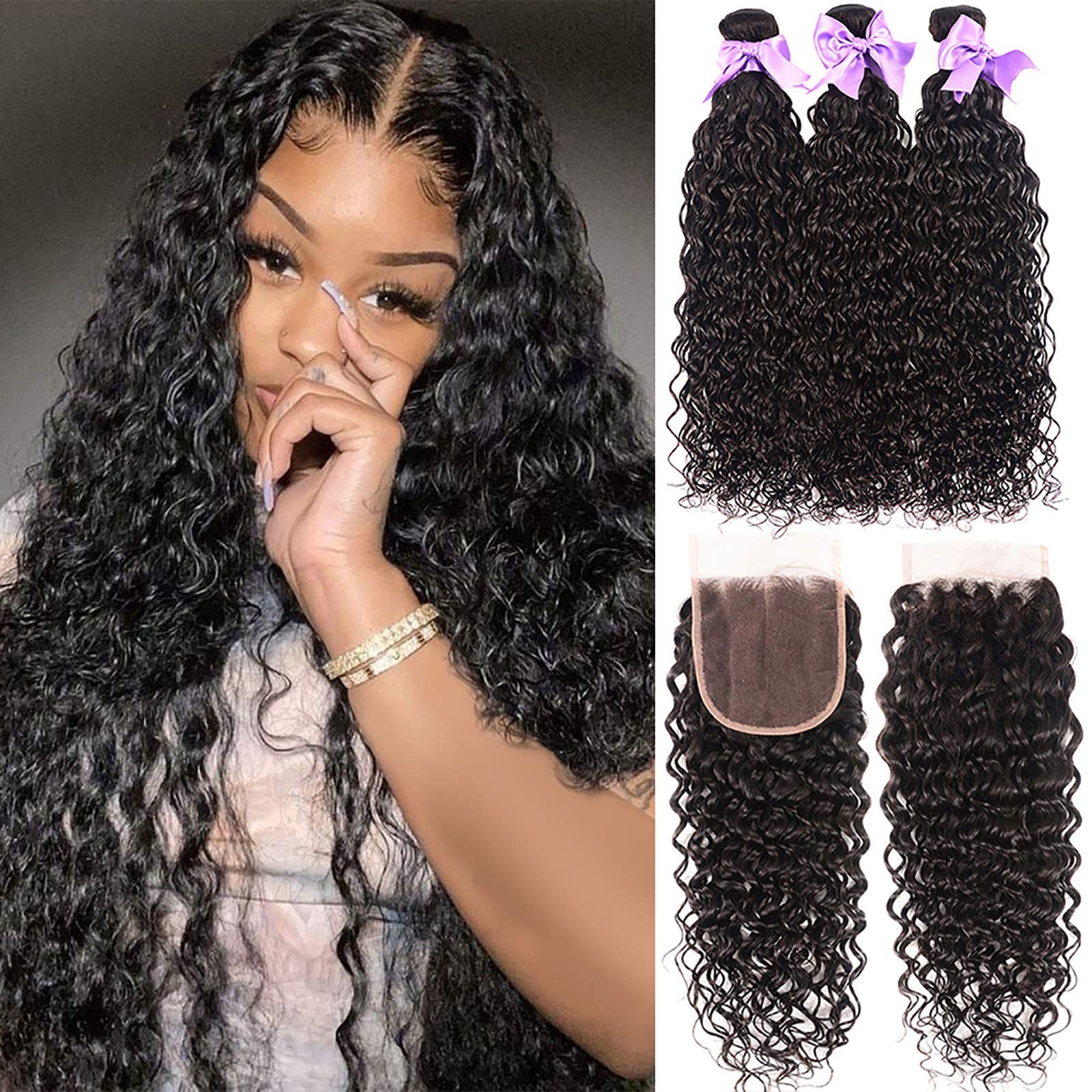 Water Wave Hair Bundles with Closure – 18 20 22 + 16, Wet & Wavy, Deep Curly, 10