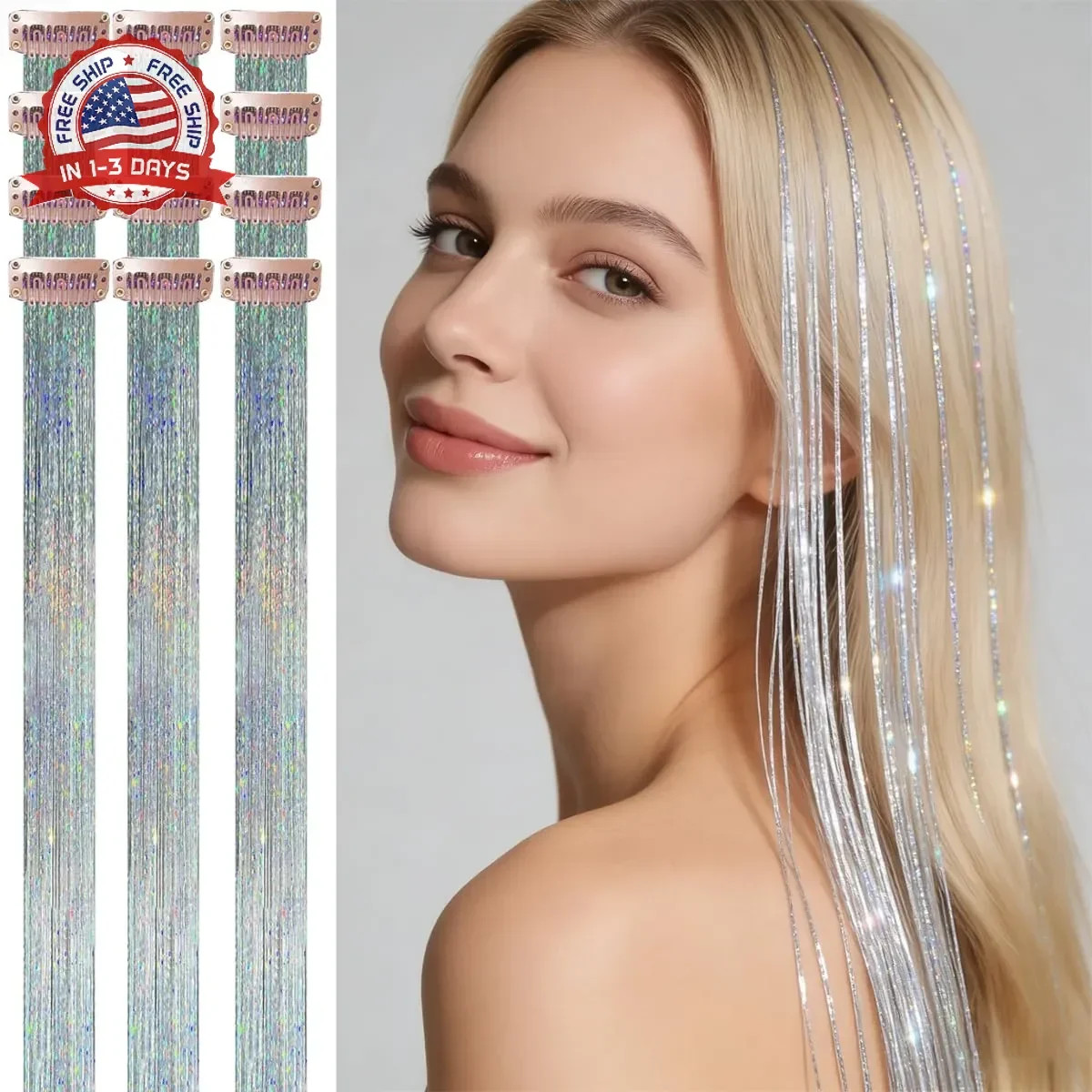 Celinebella Silver Clip in Hair Tinsel 12Pcs,24 Inch,80 Strands per PC,Heat Resi