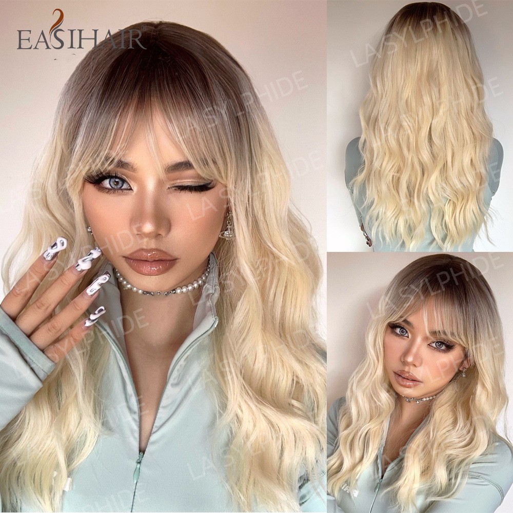 High Crown Brown Short Water Wave Wig with Bangs for Women Multicolor Synthetic