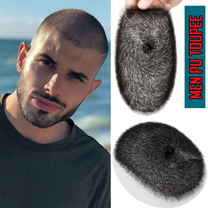 5x7inch Short Human Hair Toupee for Mens Buzz Cut Thin Skin PU Replacemen System