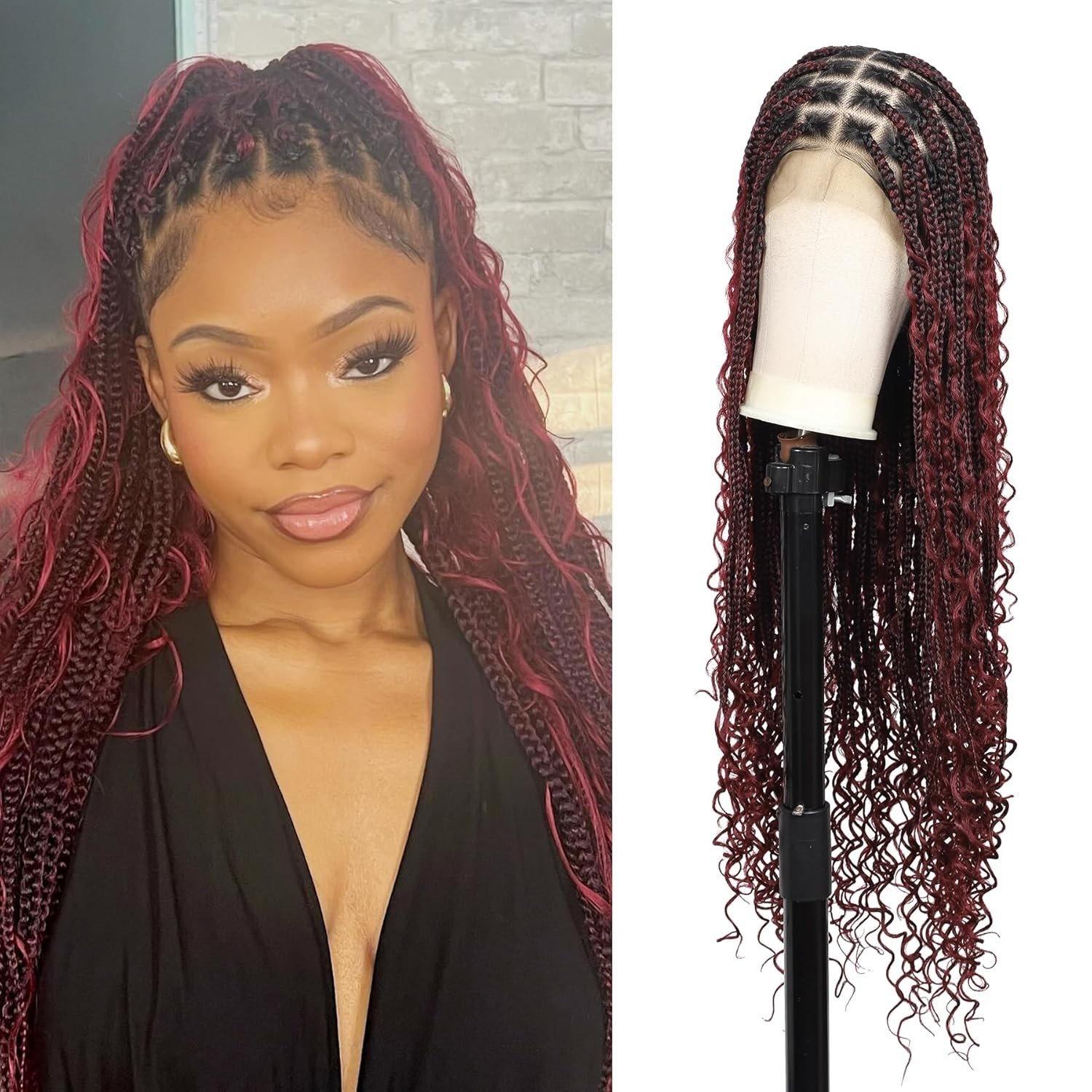 Gorgeous Burgundy 36″ Knotless Braided Wig – 13×8 HD Lace for Seamless Style