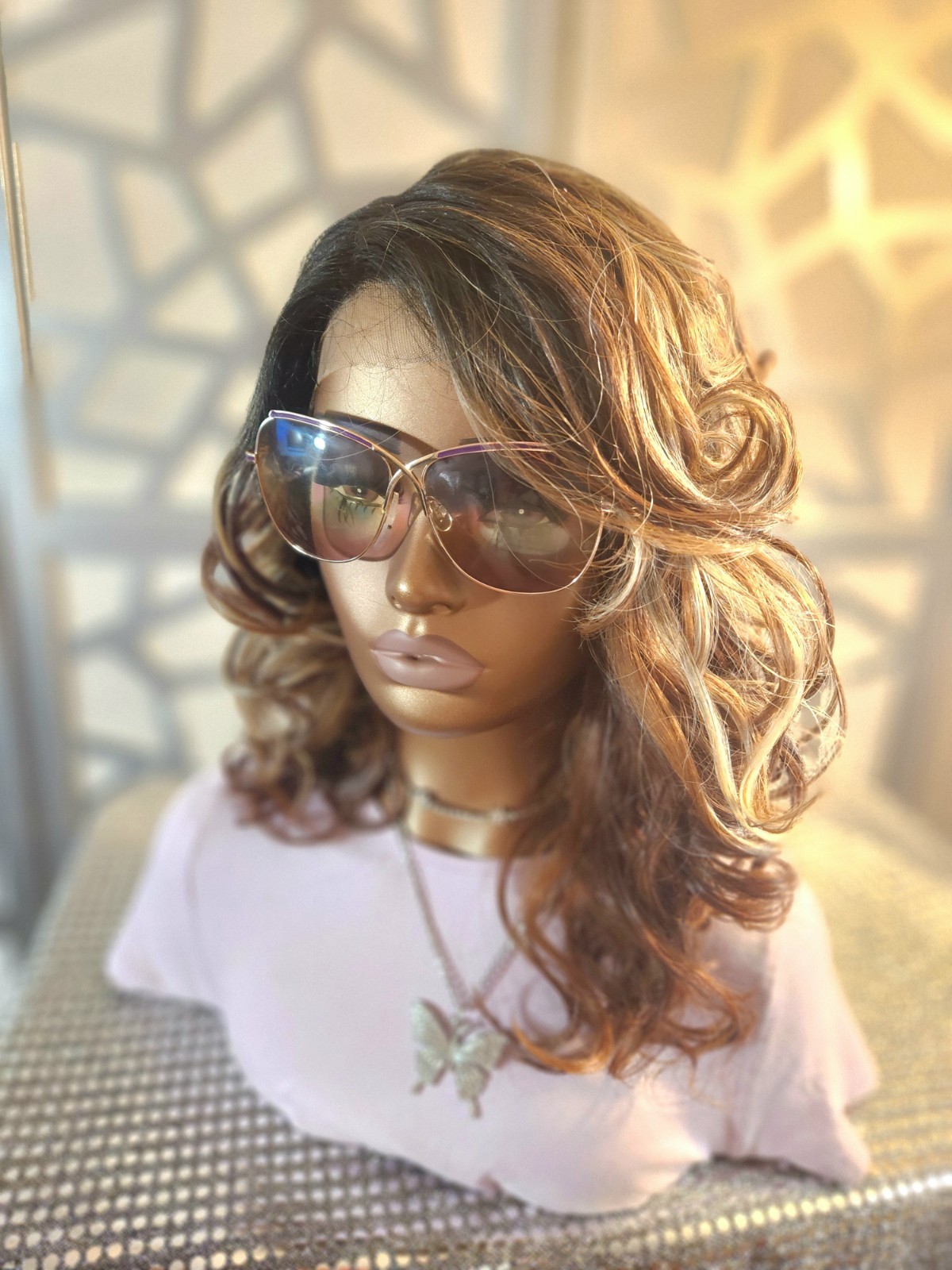 Curly Loose Wave Ombre Brown Blonde Wig Lace Front Balayage Highlights Auburn