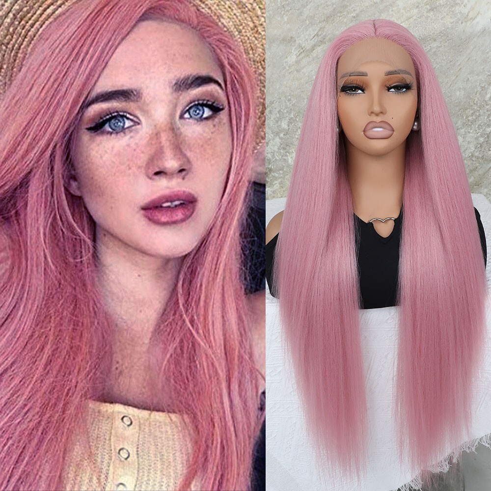 Pink Lace Front Wig 32 Inch Long Straight Hair Synthetic Heat Resistant Glueless