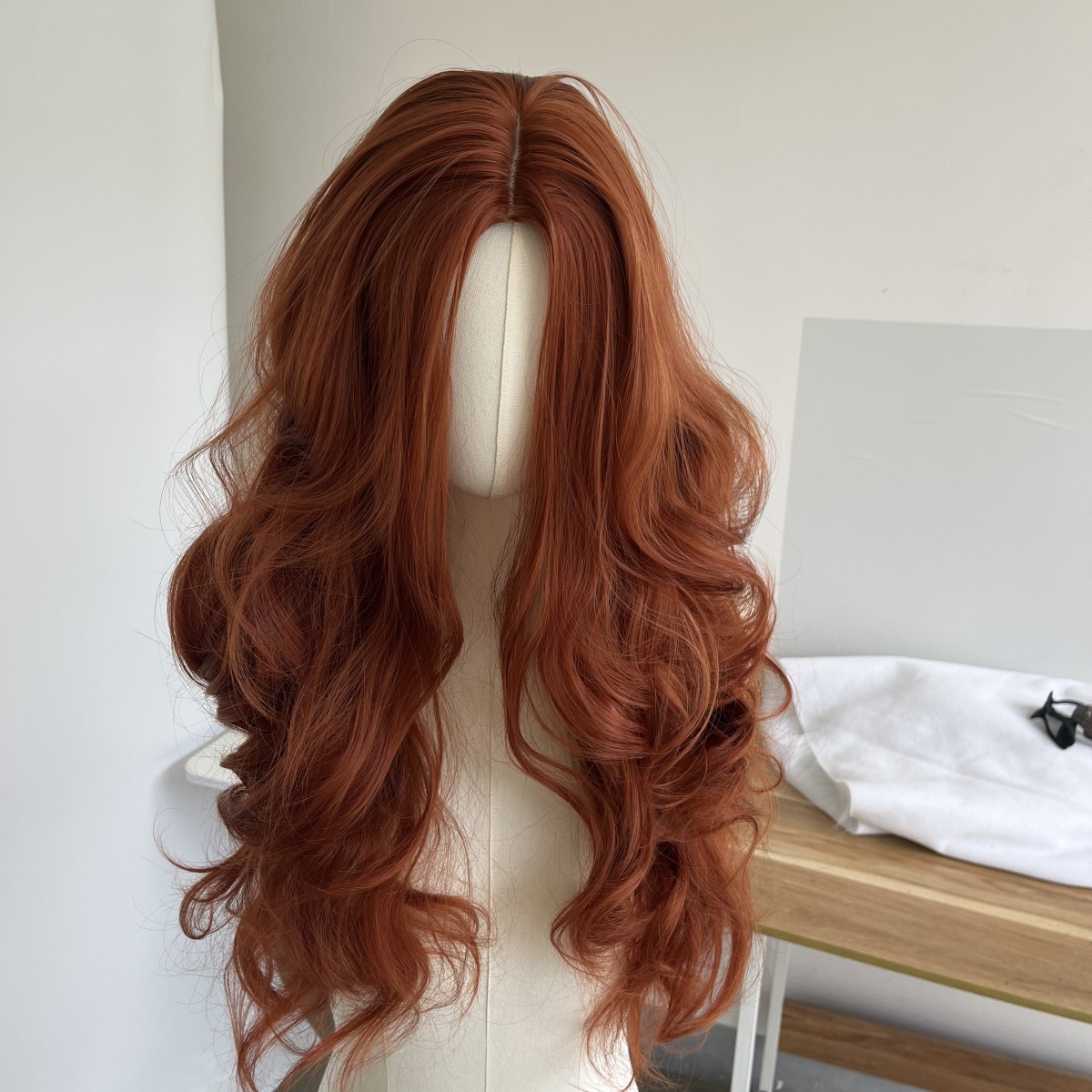 Heat Resistant Hair Copper Red Layered Long Wavy Costume Wig Natural