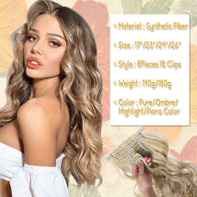 8Pcs 18 Clips Full Head Clip-In Hair Extensions Hairpiece 17-26” Curly Straight