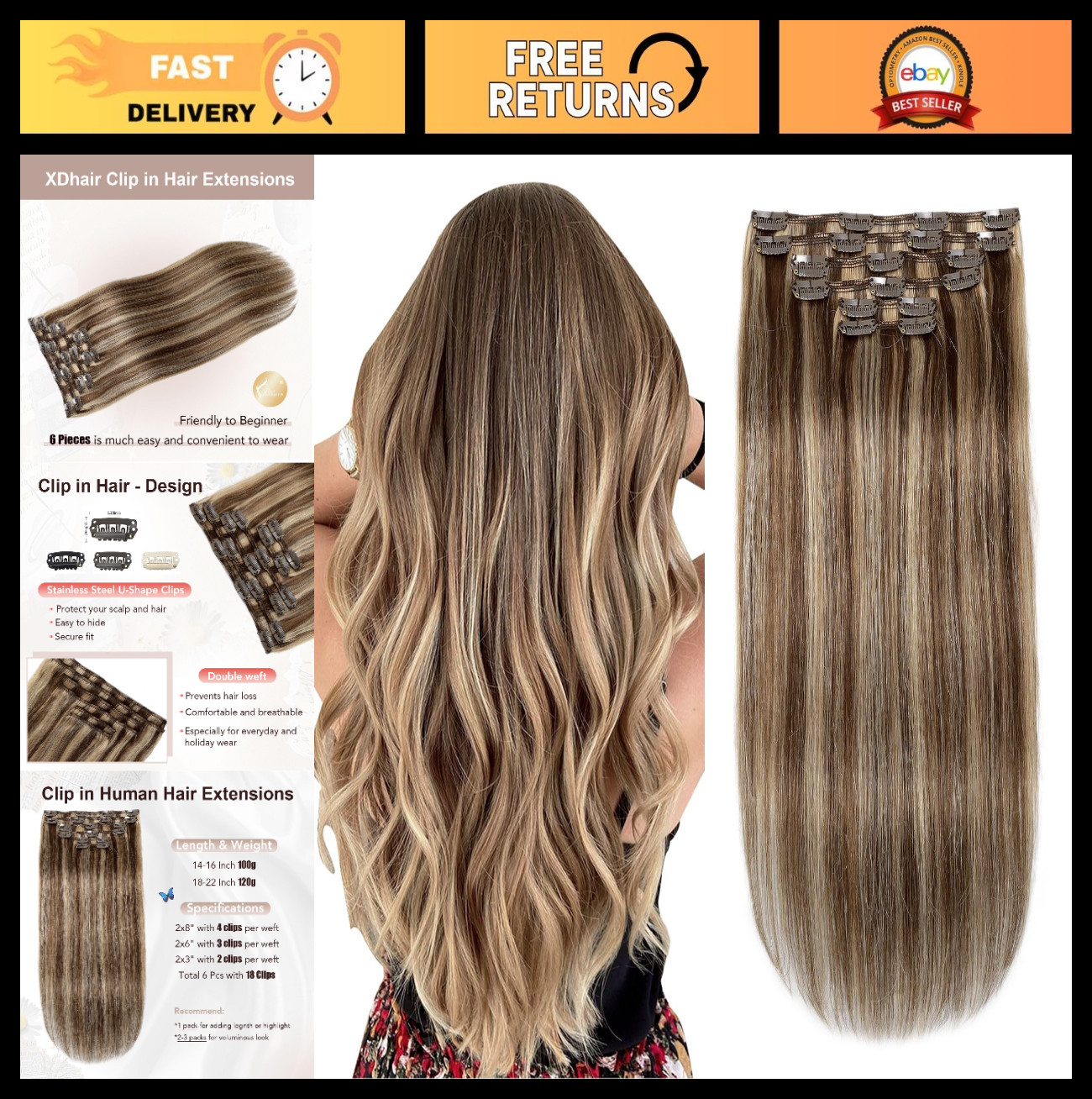 20″ Clip In Hair Extensions Remy Human Hair 120g Medium Brown to Caramel Blonde