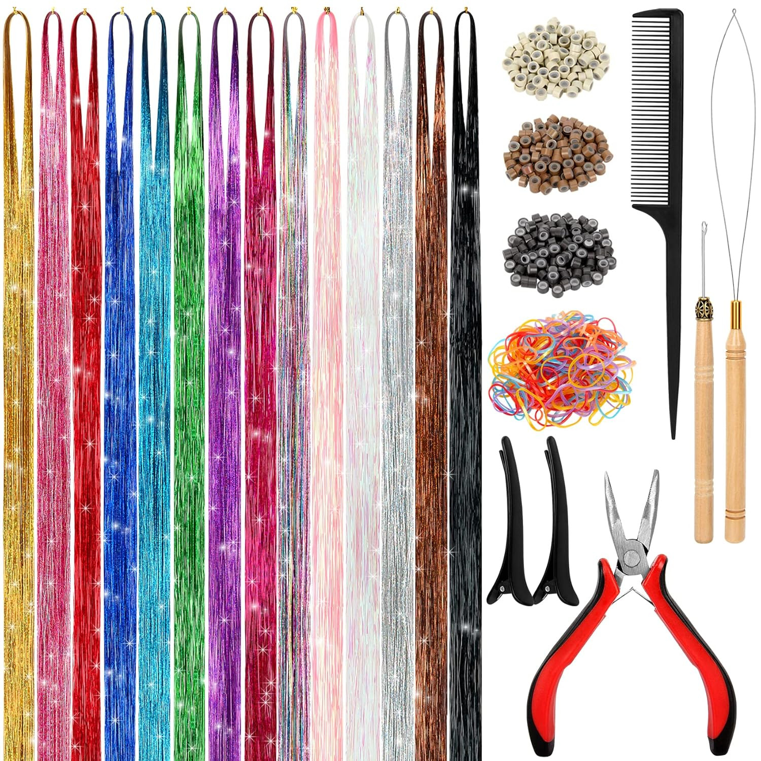 Hair Tinsel Kit (48 Inch,14 Colors, 3500 Strands), Tinsel Hair Extensions with T