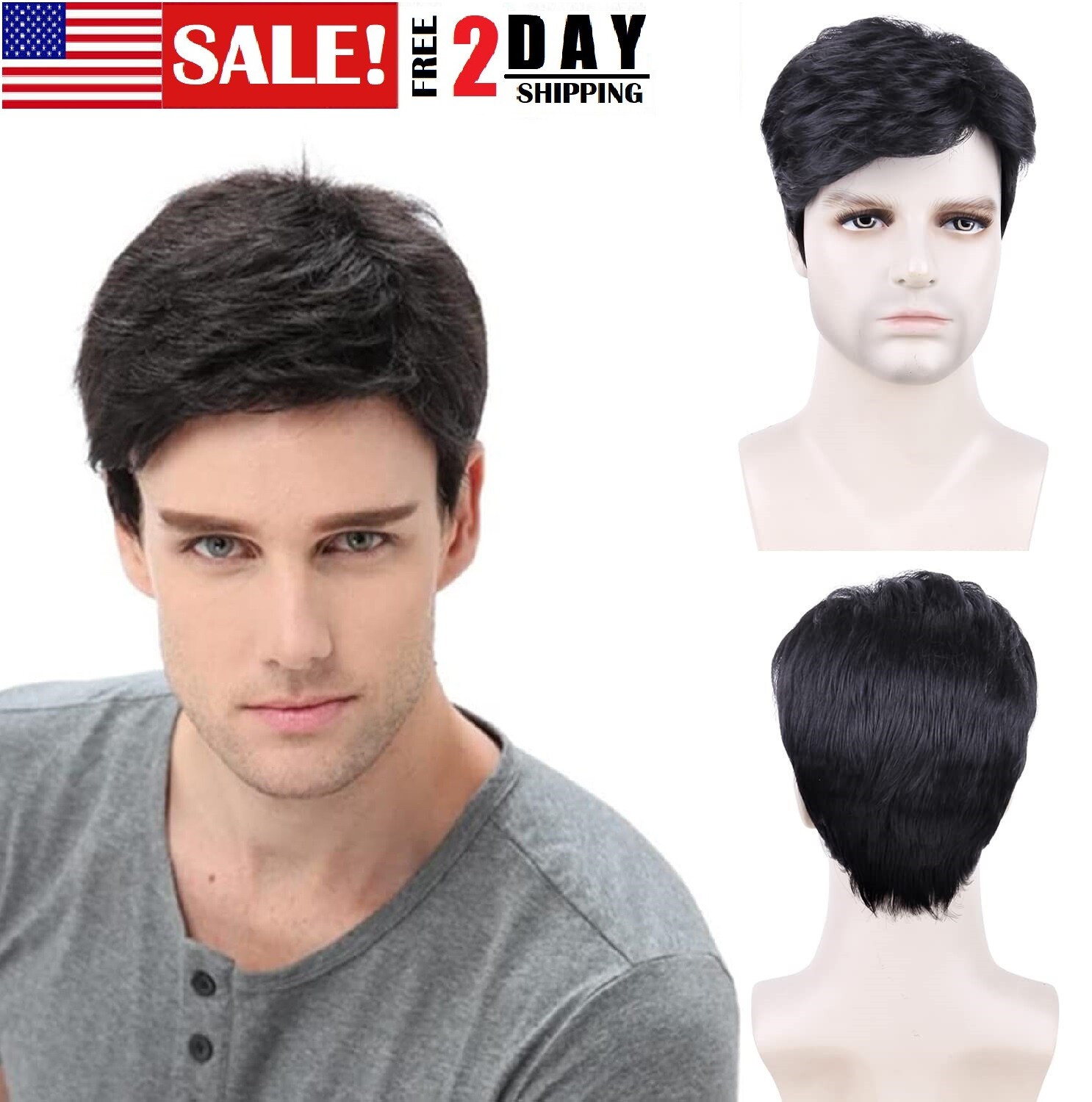 Men’s Black Men Wig Short Full Wigs Little Wavy Synthetic Straight Hair Daily US