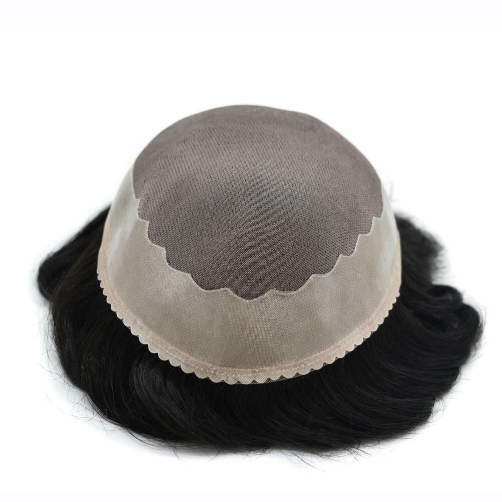 Fine Mono Mens Toupee Hairpiece Human Hair Replacement Poly Around Hair Systems