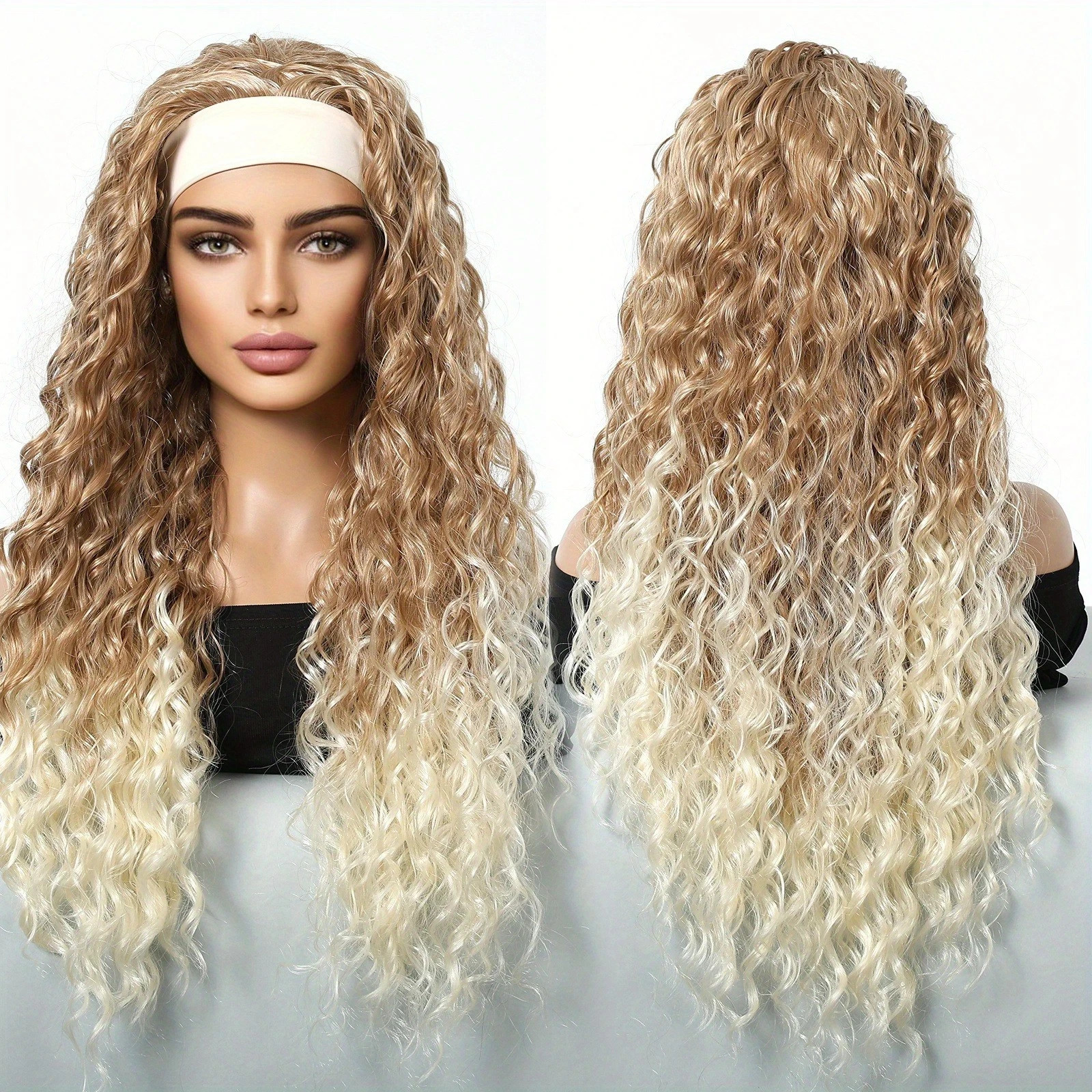 26″ Ombre Blonde Long Curly Headband Wig Synthetic Hair Costume Party Halloween