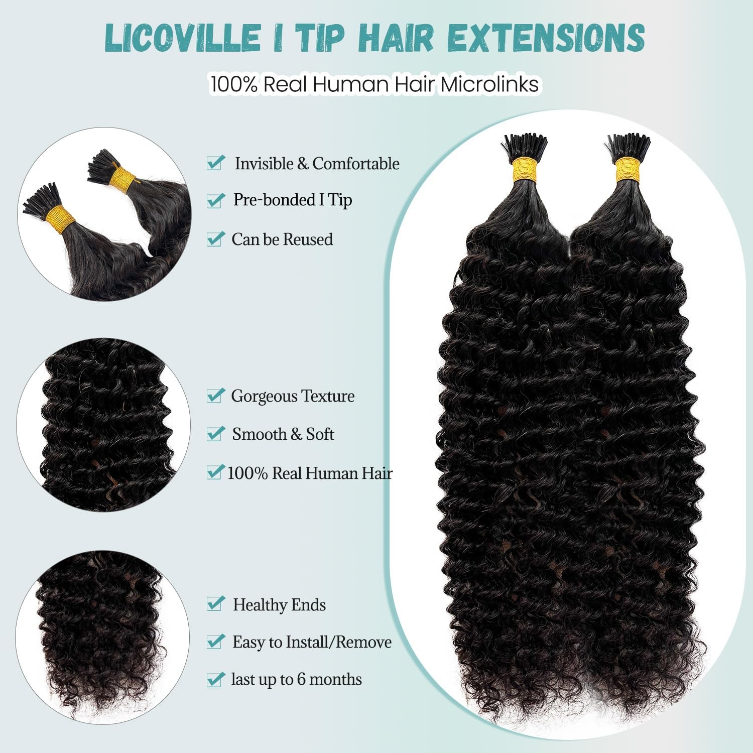 Licoville Kinky Curly Human Hair I Tip Extensions Natural Black Color Micro Tip