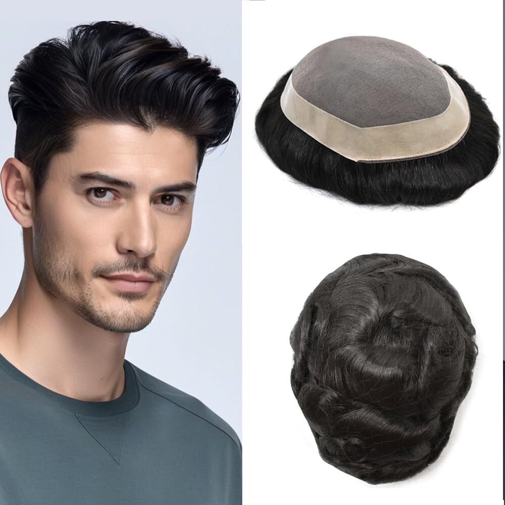 French Lace Mens Toupee PU Border 1B# Off Black 7×9″” 120% Medium/Light Density