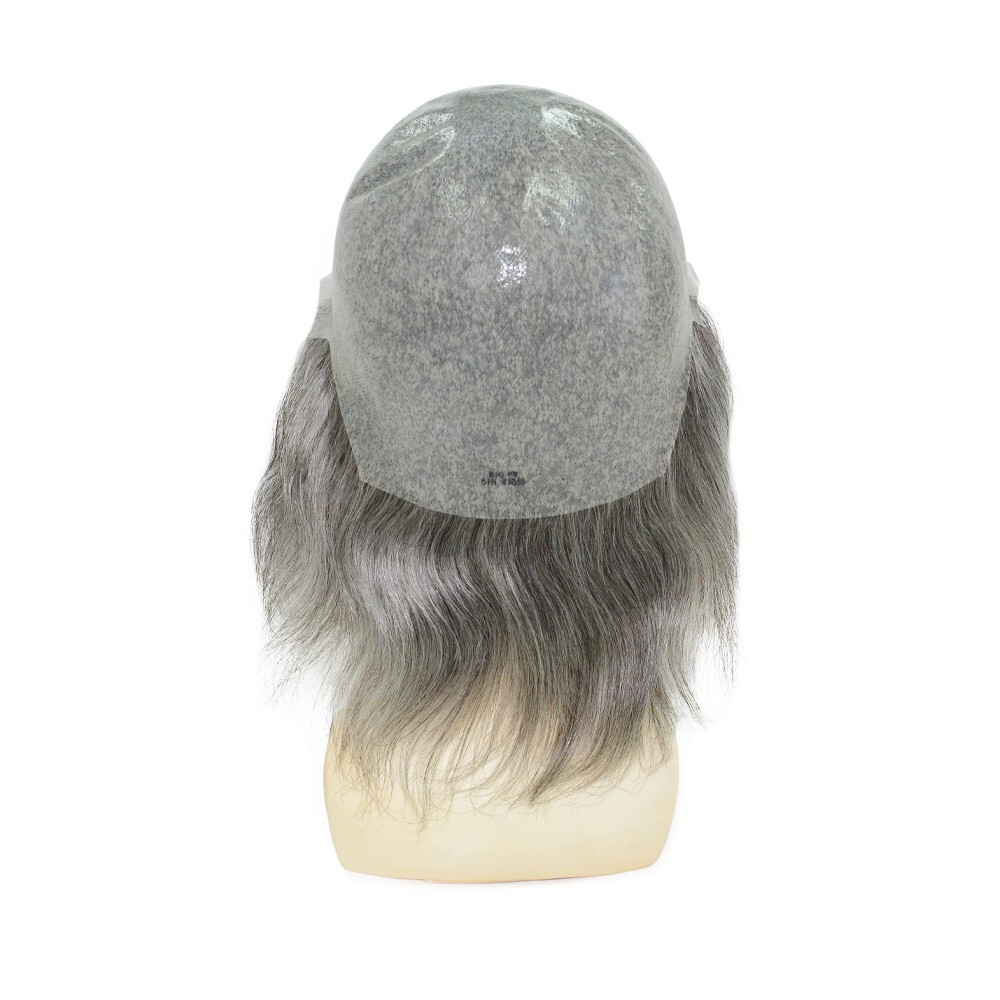 Mens Human Hair Full Head Wigs Thin Poly Skin Grey Wig Medium Size 6” #1B65