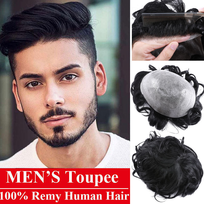 Durable Mens Hairpieces 100% Human Hair Replacement System Skin PU Toupee 0.08mm