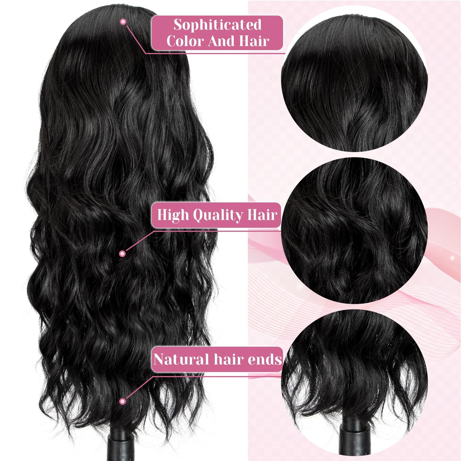 Long Wavy Wig for Women 26 Inch Black Synthetic Lace Front Wig Middle Part Cu…