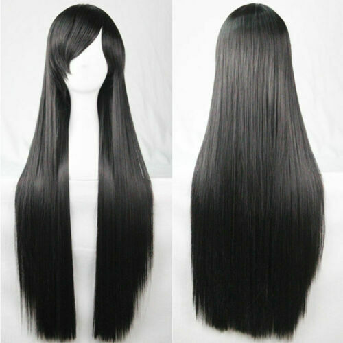 Black 80cm Straight Sleek Long Full Hair Wigs w Side Bangs Cosplay Costume Women