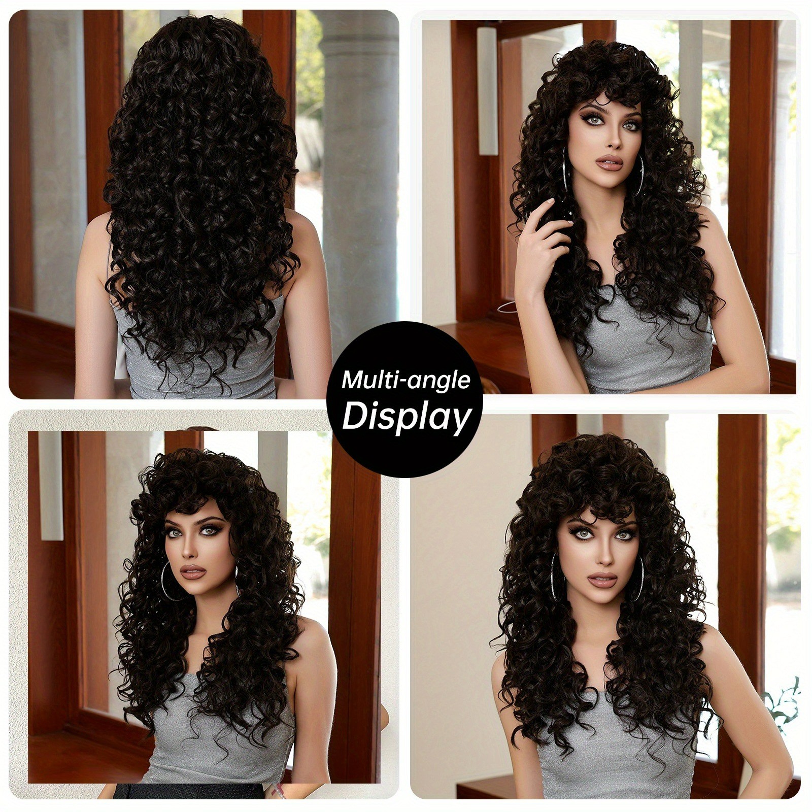 Black Brown Long Curly Wig w/Full Bangs Womens Synthetic Hair Wig Cosplay/Party