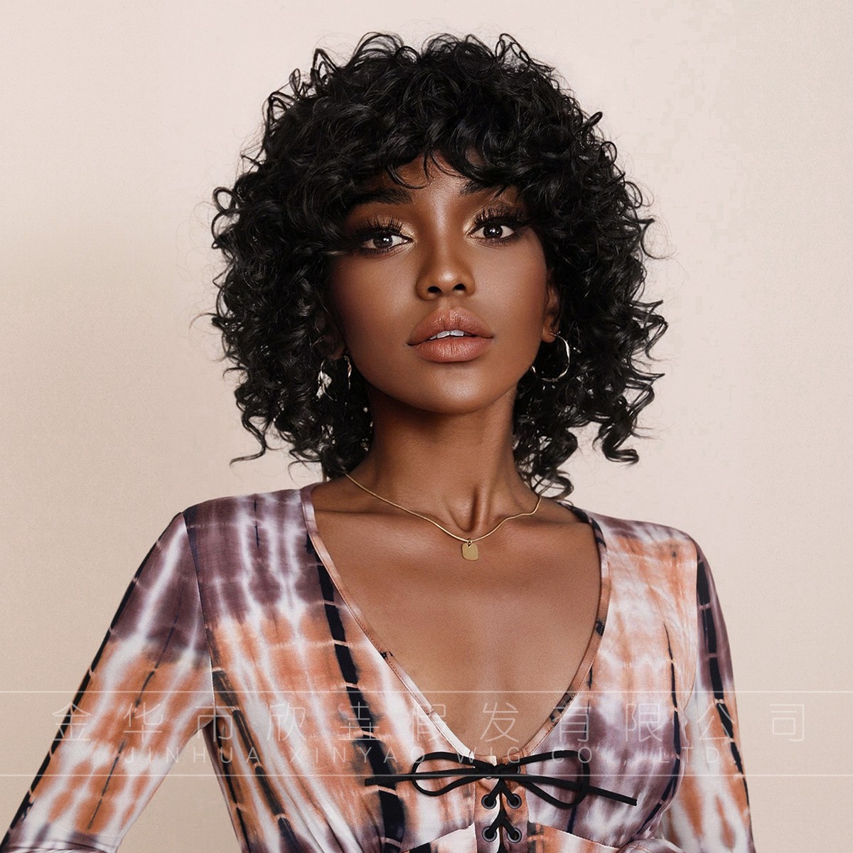 Custom Short Tight Curly Wig with Bangs Rose Net Cap Machine Made Synthetic