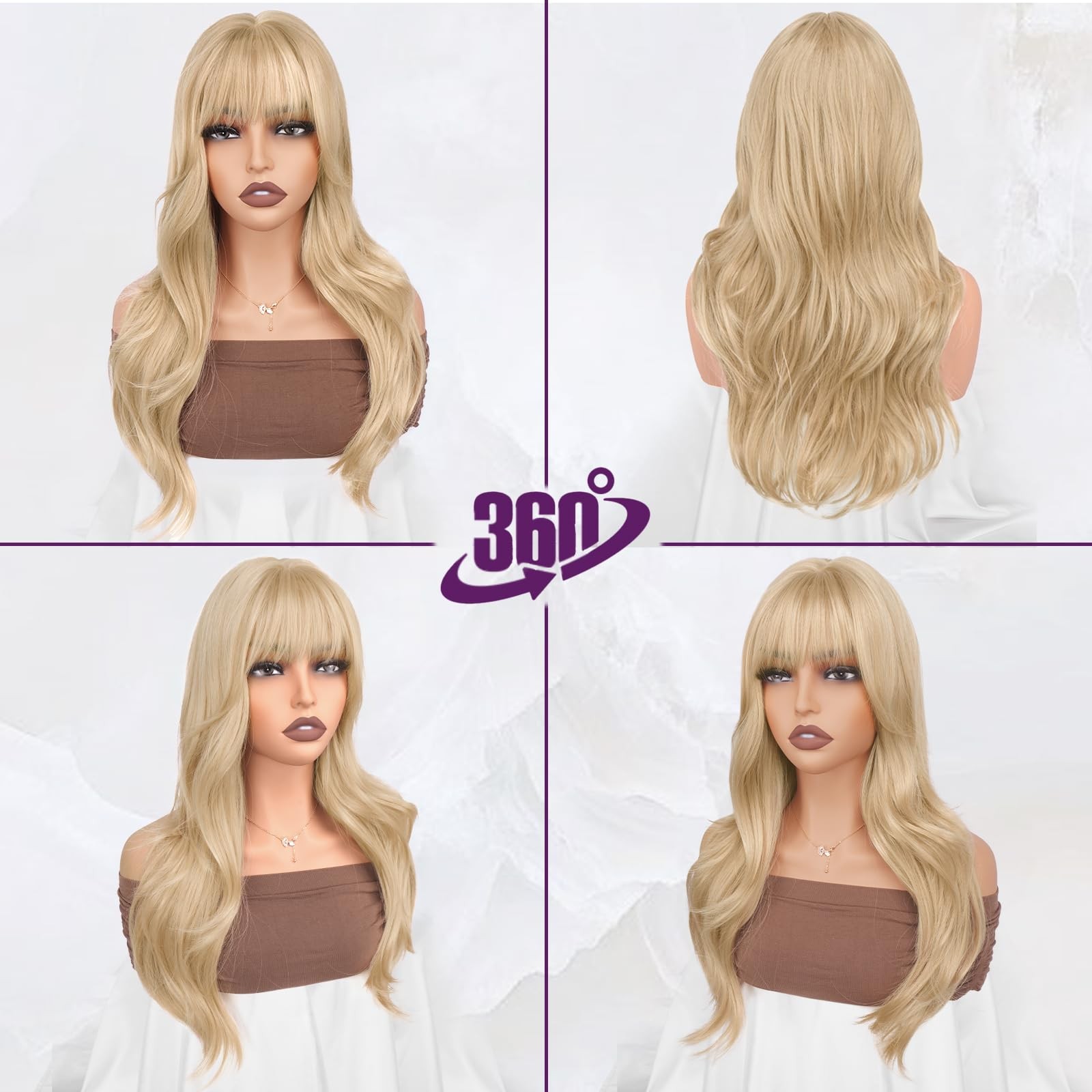 Beige Blonde Layered Wig with Bangs – 20 Inch Blonde Layered Wig with Bangs f…