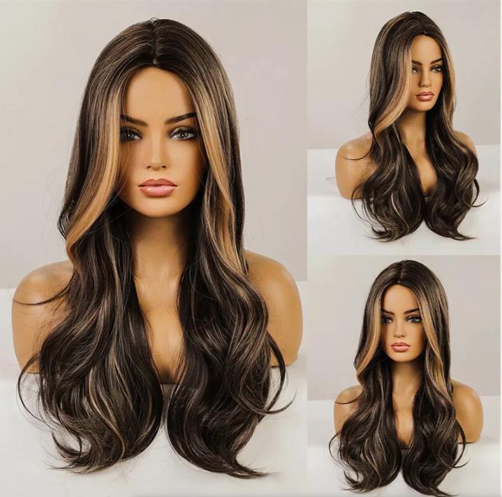 Women Ombre Black Brown With Blonde Highlights Wavy Long Hair Fashion Daily Wigs