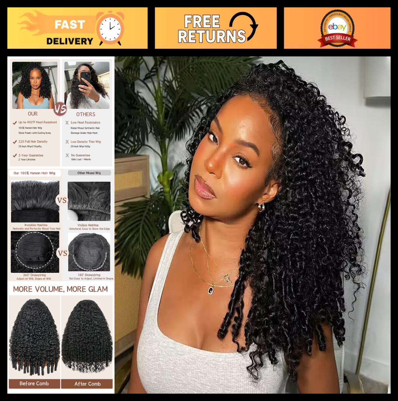 220% Density 20″ Curly Half Wigs – 100% Human Hair, Clip-In, Glueless, Drawstrin