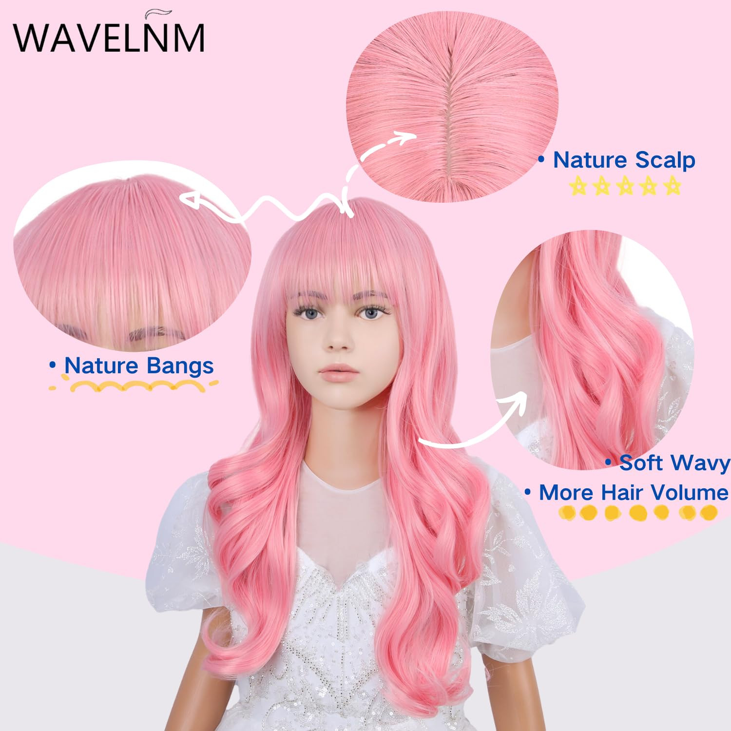 Kids Pink Wig with Bangs Child Pastel Pink Wigs Girls Long Curly Wavy Wig Kid Da