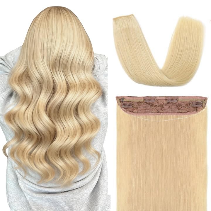 Invisible Wire Hair Extensions Real Human Hair – 16″ 80G Bleach Blonde Seamless