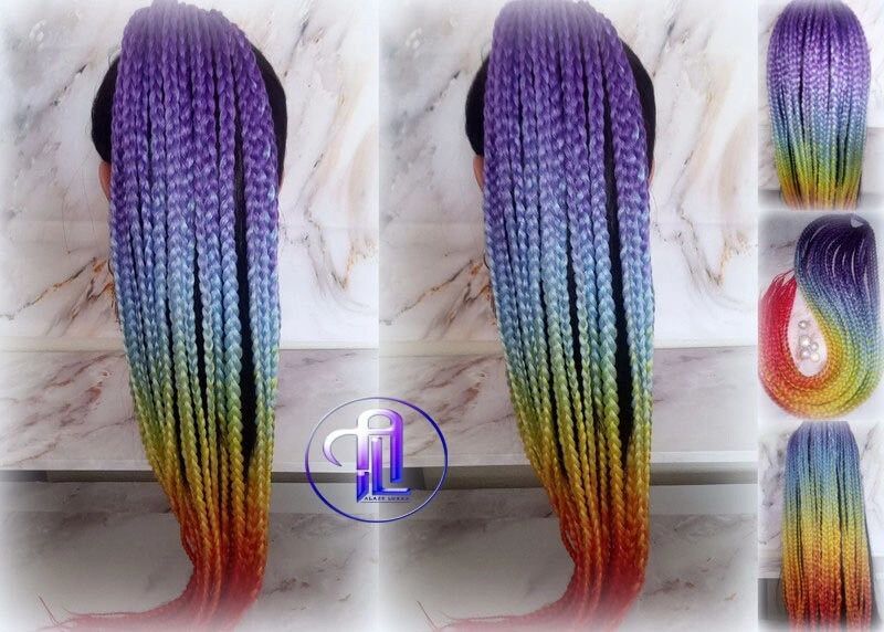 Ponytail Hair Fall Extensions Ombre Rainbow Purple Blue braids hair scrunchy