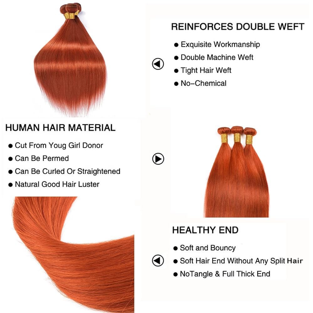 Leruikair Human Hair Bundles 14 16 18 Inch Orange Straight Wave Bundles Human