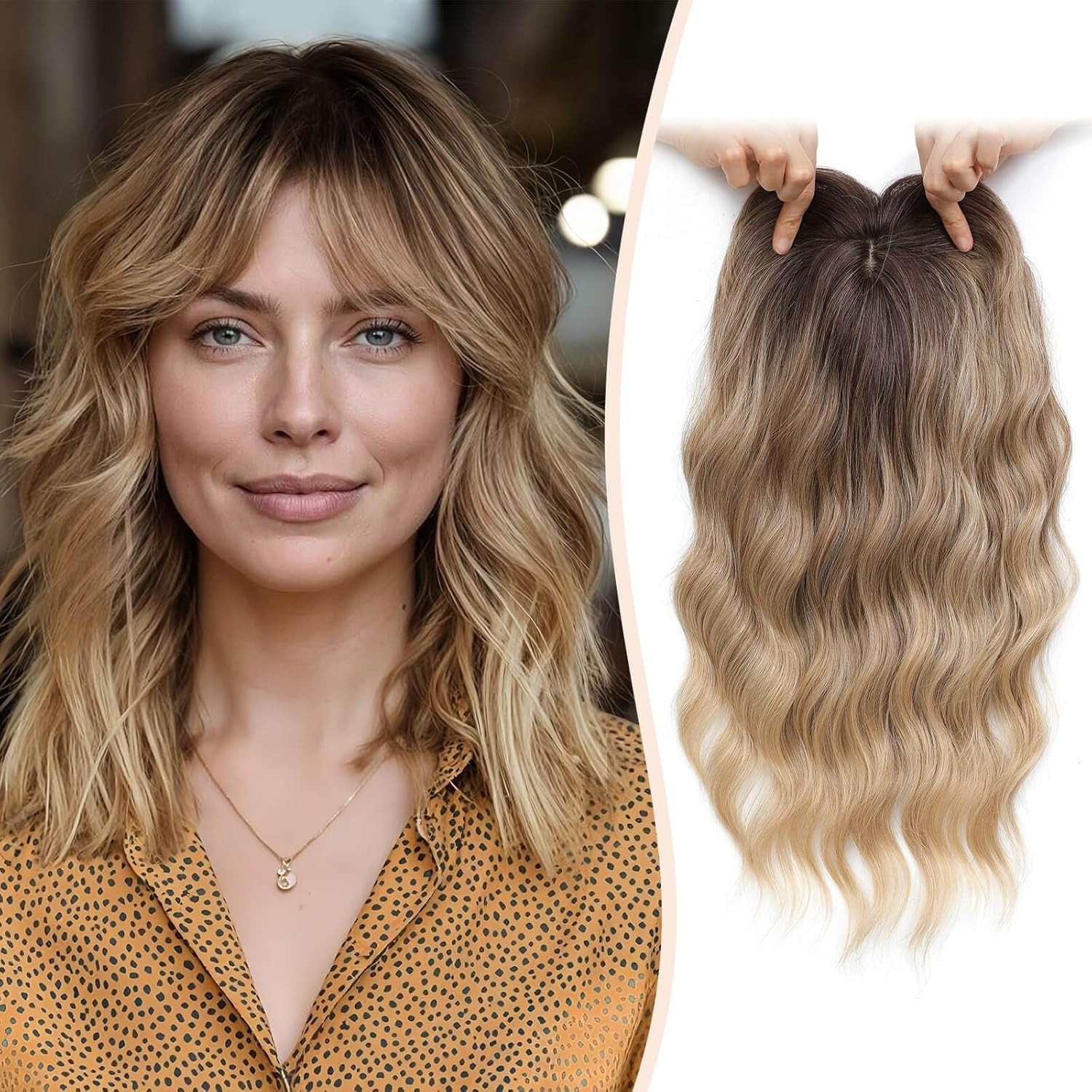 Ombre Light Brown to Blonde Dark Roots Short Wavy 14in Women Hair Topper