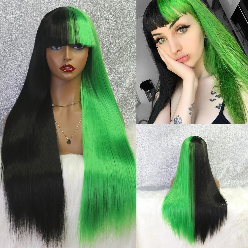 Long Synthetic Half Black Green / Yellow Blue / Orange Straight Wig with Bangs